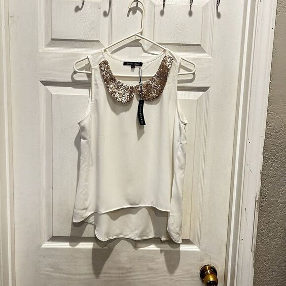 Sweet Rain‎ White Tank Blouse Sequined Peter Pan Collar NWT Festival Party Y2k - Picture 1 of 6